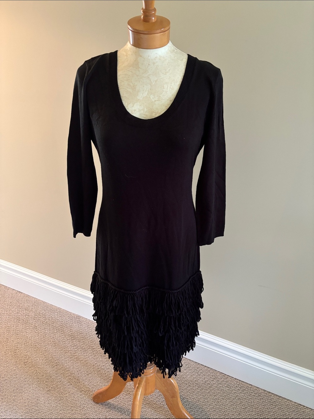 Calvin Klein Black Long Sleeve Fringe Hem Dress